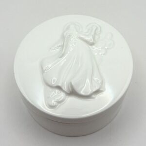 White Porcelain Angel Playing Harp Trinket Box Embossed Jewelry Box Vanity Decor